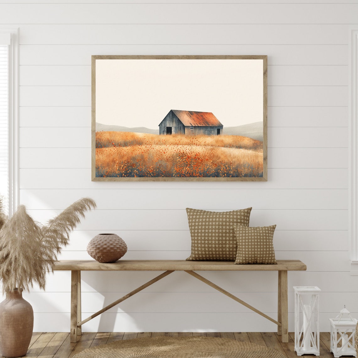 Country Landscape Painting Minimalist Boho Wall Art Neutral Farmhouse Apartment Decor Retro Artwork Print P 498 - Image 3