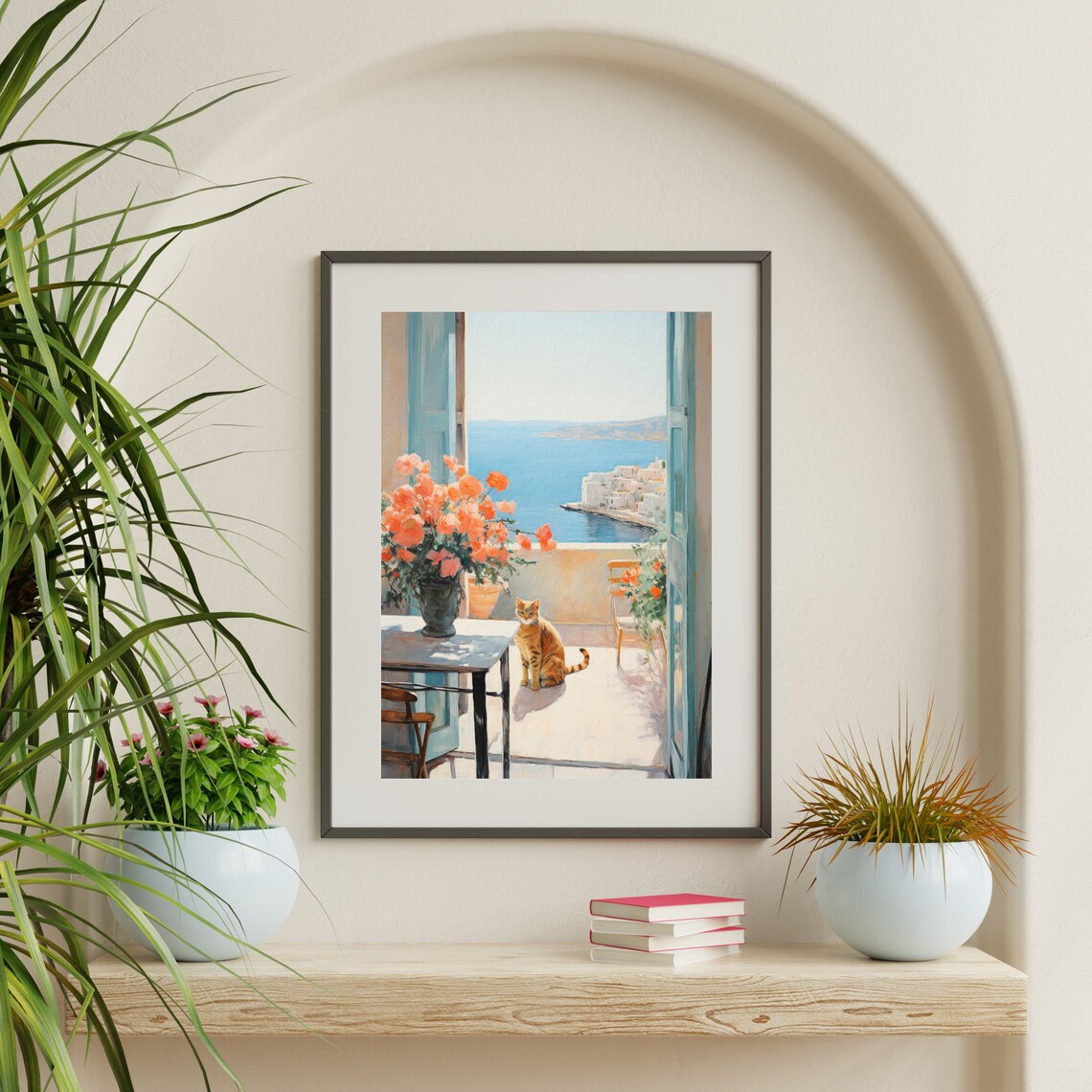 Coastal Cat Painting, Retro Greece Poster Print - Image 2