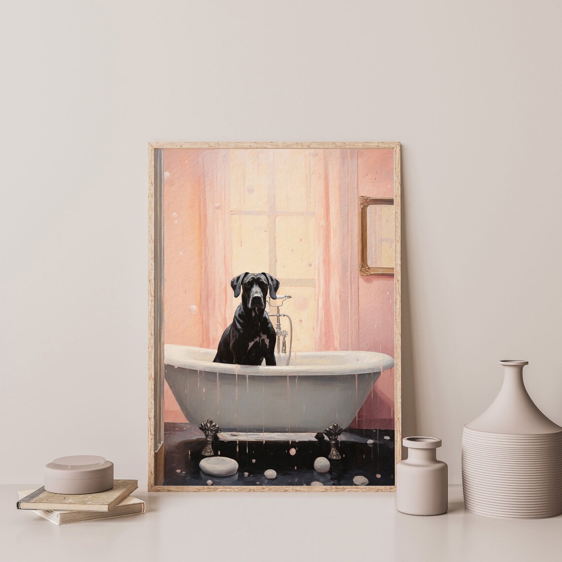 Black Dog In Clawfoot Bathtub Pink Bathroom Funny Pet Portrait Poster - Image 3