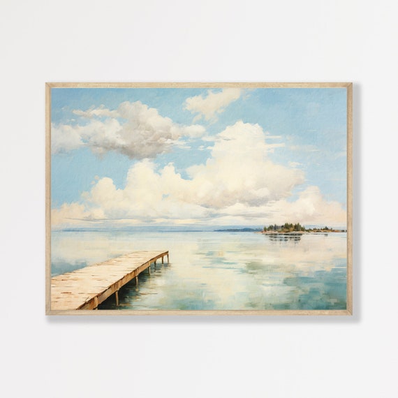 Vintage Lake Painting Antique Lake House Wall Art Minimal Rustic Home Decor P 759