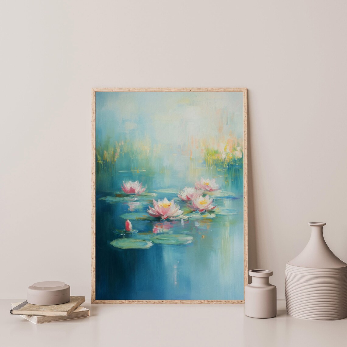 Water Lily Pond Pink Blossoms Impressionist Lake Floral Art Print - Image 3