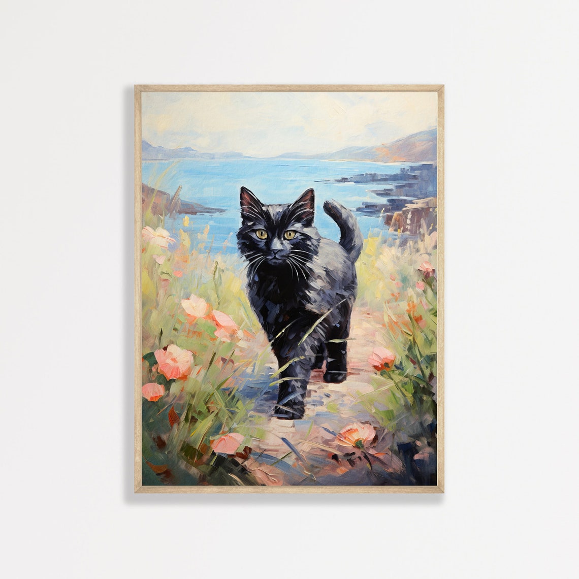 Black Cat on a Coastal Flower Path by the Sea Whimsical Wall Art