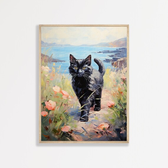 Black Cat on a Coastal Flower Path by the Sea Whimsical Wall Art