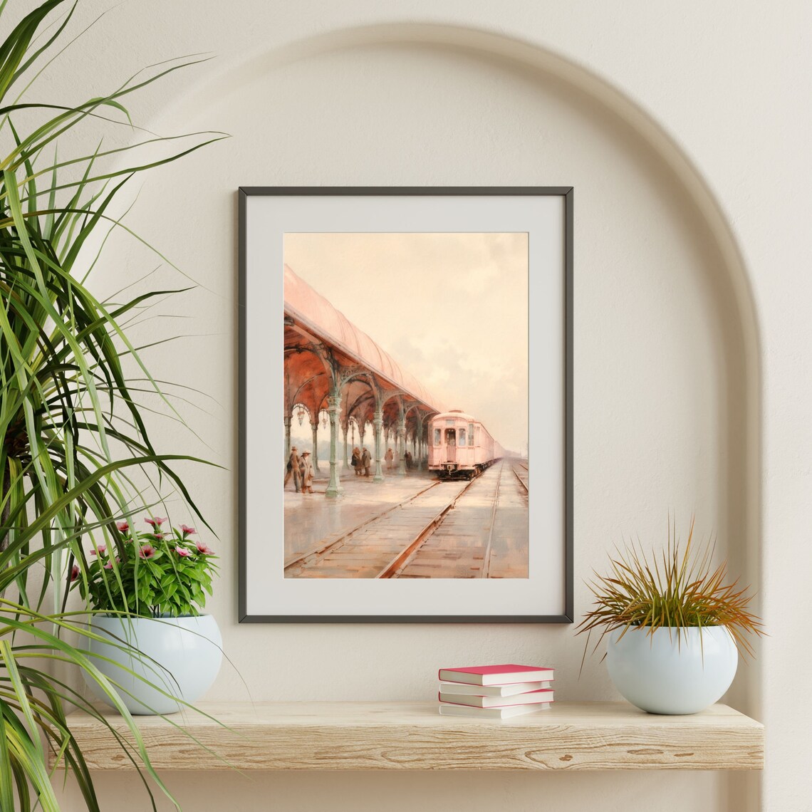 Retro Train Station Vintage Oil Painting Art Print - Image 2