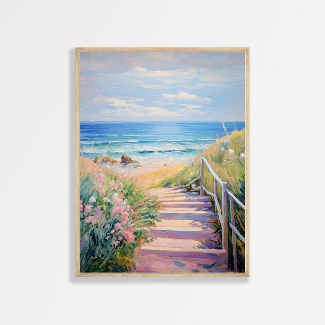 Pink Seascape Retro Beach Landscape Art Print