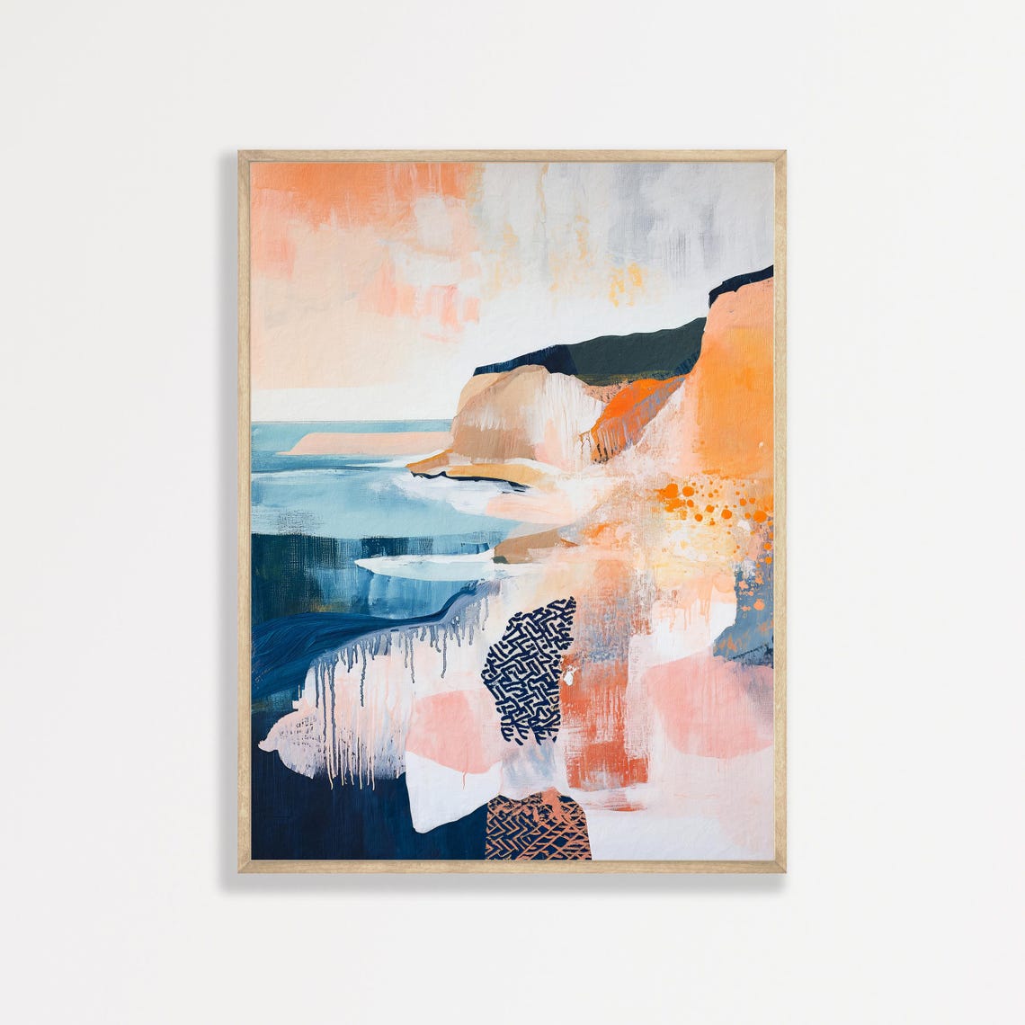 Boho Abstract Coastal Cliffs Coral Teal Modern Landscape Print