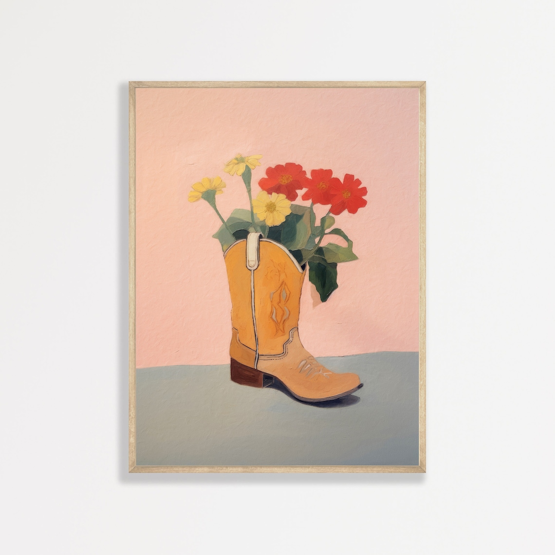 Cowboy Boot Vase with Red and Yellow Wildflowers Western Wall Art