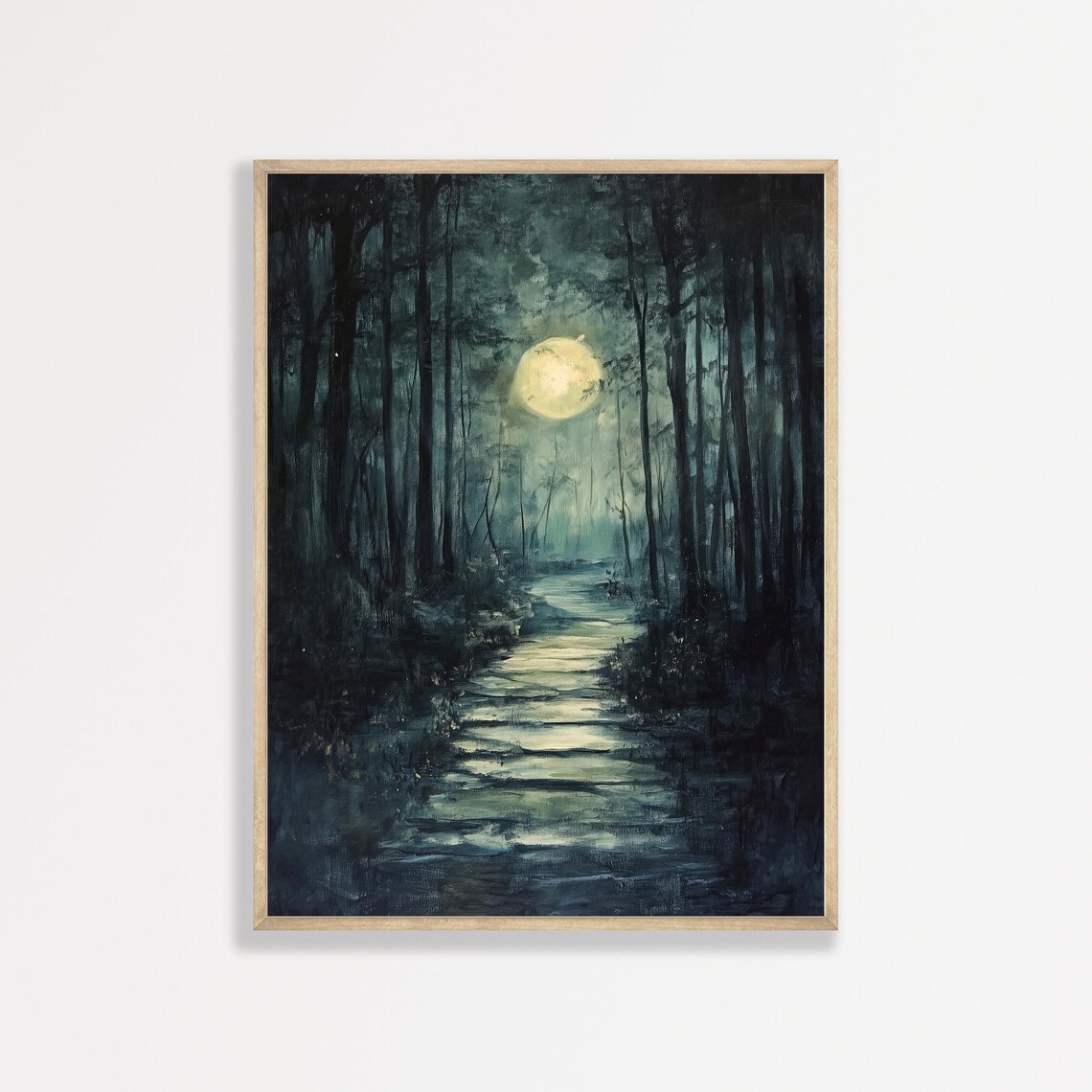 Moonlit Forest Painting Moody Antique Vintage Aesthetic Wall Art Rustic Landscape Print Dark Academia Decor 1012