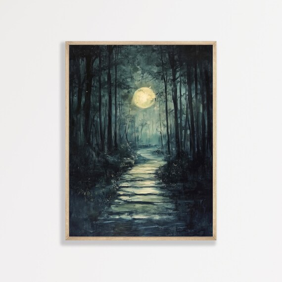Moonlit Forest Painting Moody Antique Vintage Aesthetic Wall Art Rustic Landscape Print Dark Academia Decor 1012