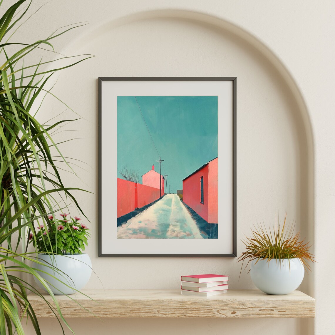 Coral Red Alleyway Turquoise Sky Mid Century Abstract Art Poster - Image 2