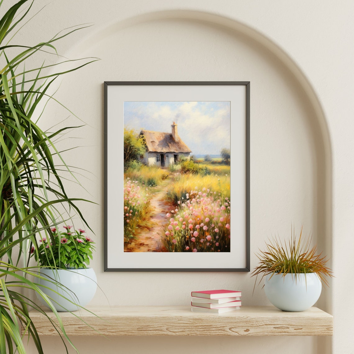 Thatched Cottage Flower Path Summer Countryside Oil Painting Poster - Image 2