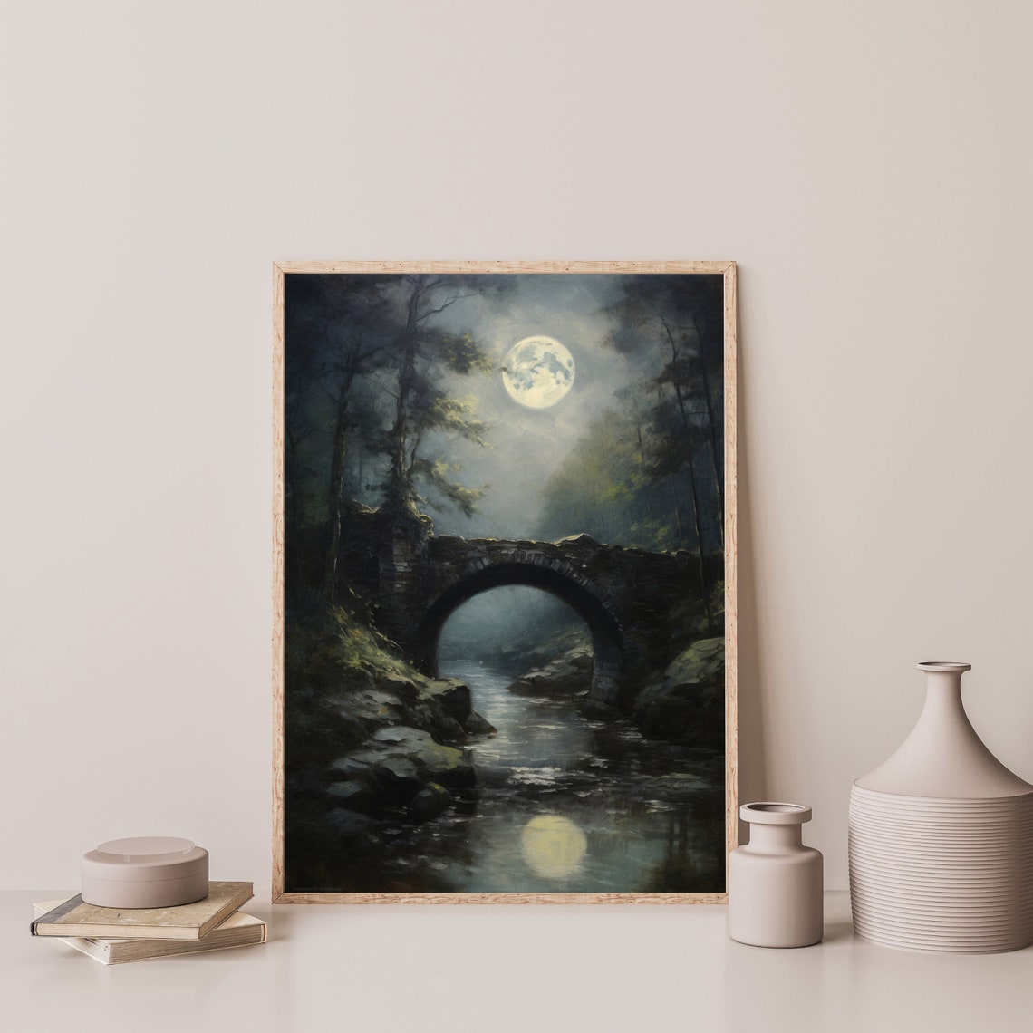 Stone Bridge Under Full Moon Night River Vintage Moody Wall Art - Image 3