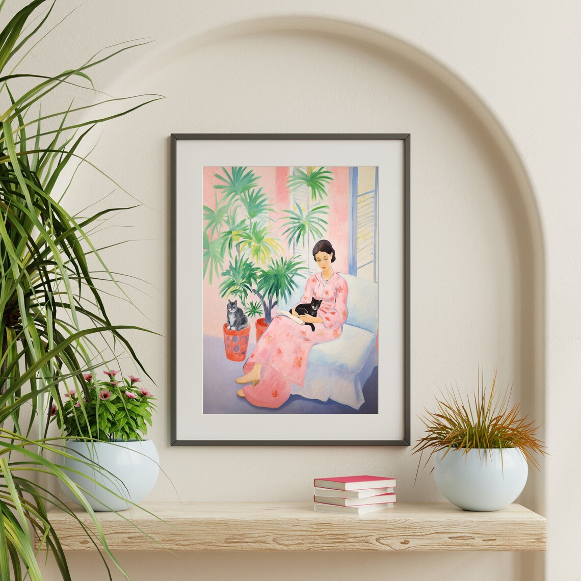 Woman Reading Sofa Cats Palm Trees Matisse Style Vintage Interior Wall Art Print - Image 2