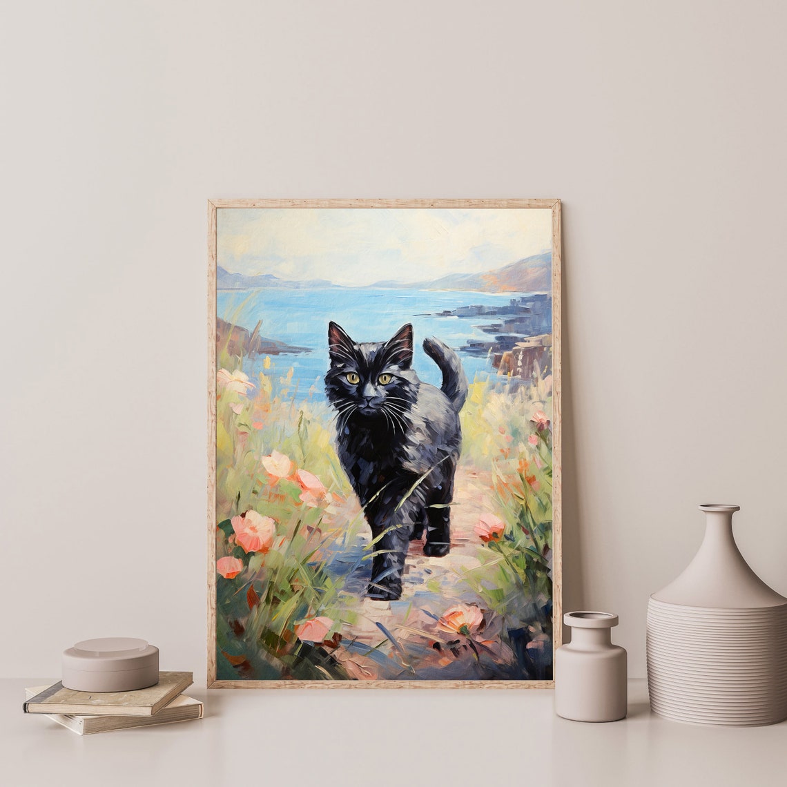 Black Cat on a Coastal Flower Path by the Sea Whimsical Wall Art - Image 3