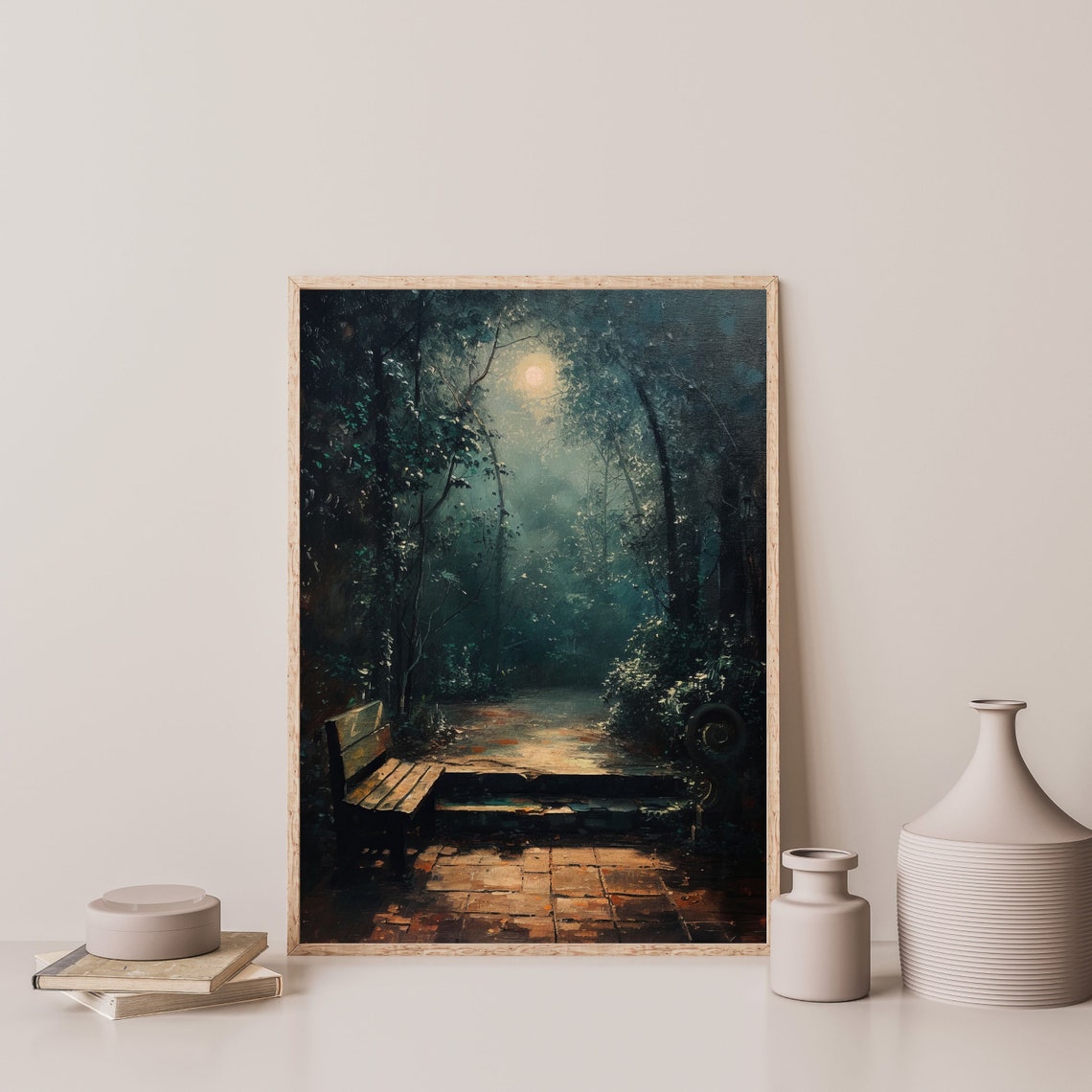 Moonlit Forest Path Wooden Bench Night Mist Moody Landscape Poster - Image 3