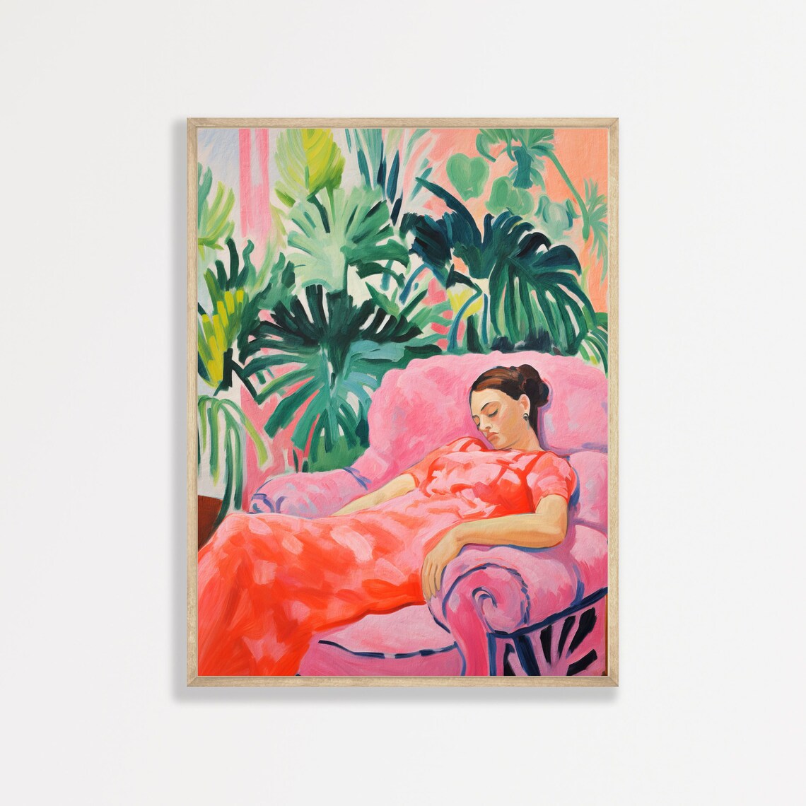 Sleeping Lady Pink Armchair Tropical Leaves Retro Painting Poster