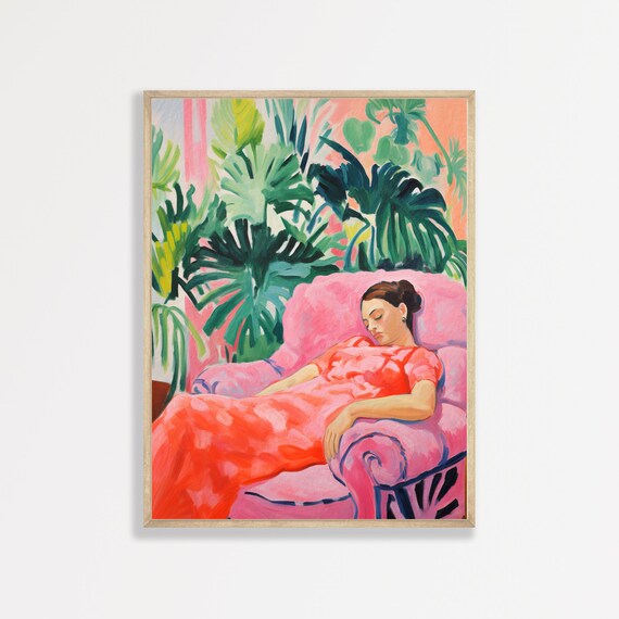 Sleeping Lady Pink Armchair Tropical Leaves Retro Painting Poster