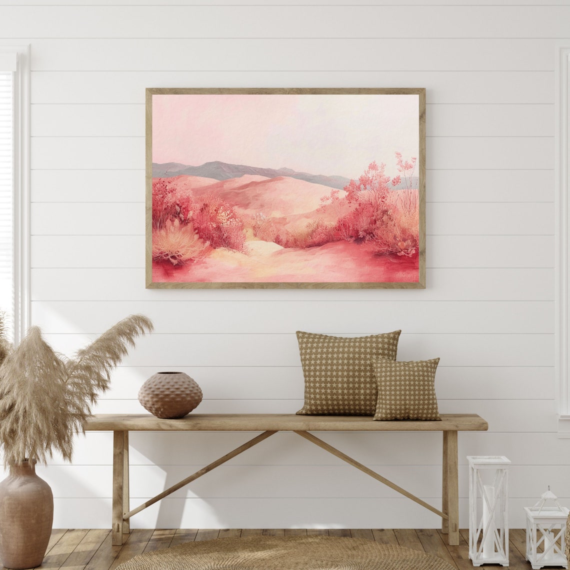 Blush Pink Mountain Desert Red Bushes Soft Pastel Landscape Poster - Image 3
