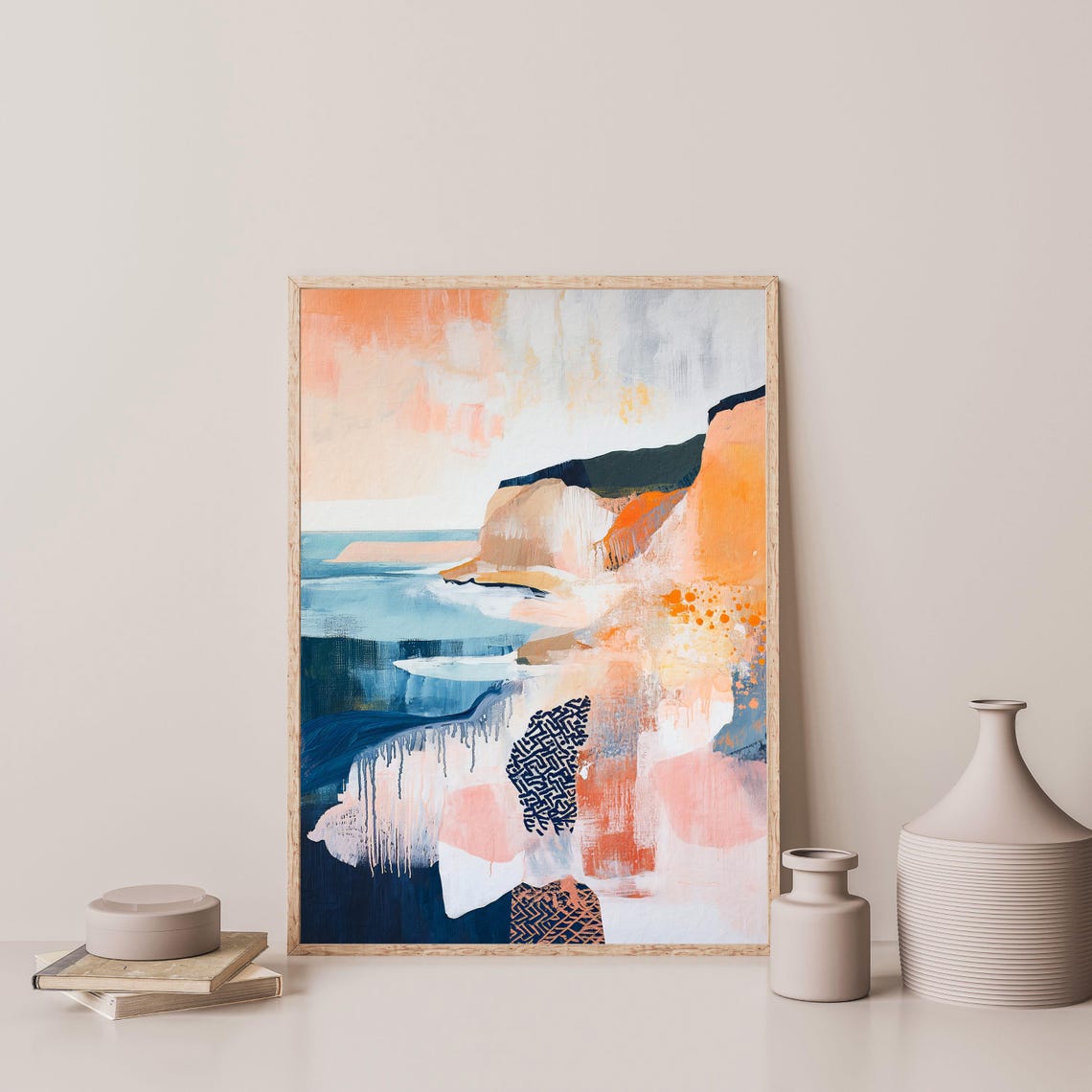Boho Abstract Coastal Cliffs Coral Teal Modern Landscape Print - Image 3