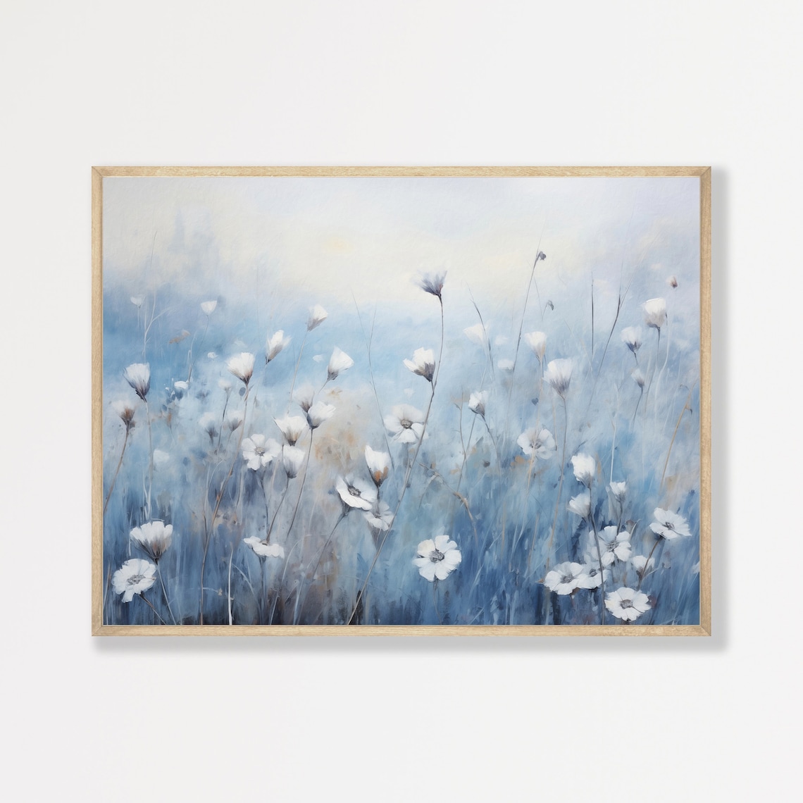 Blue Wildflower Meadow Painting Minimal Vintage Botanical Wall Art