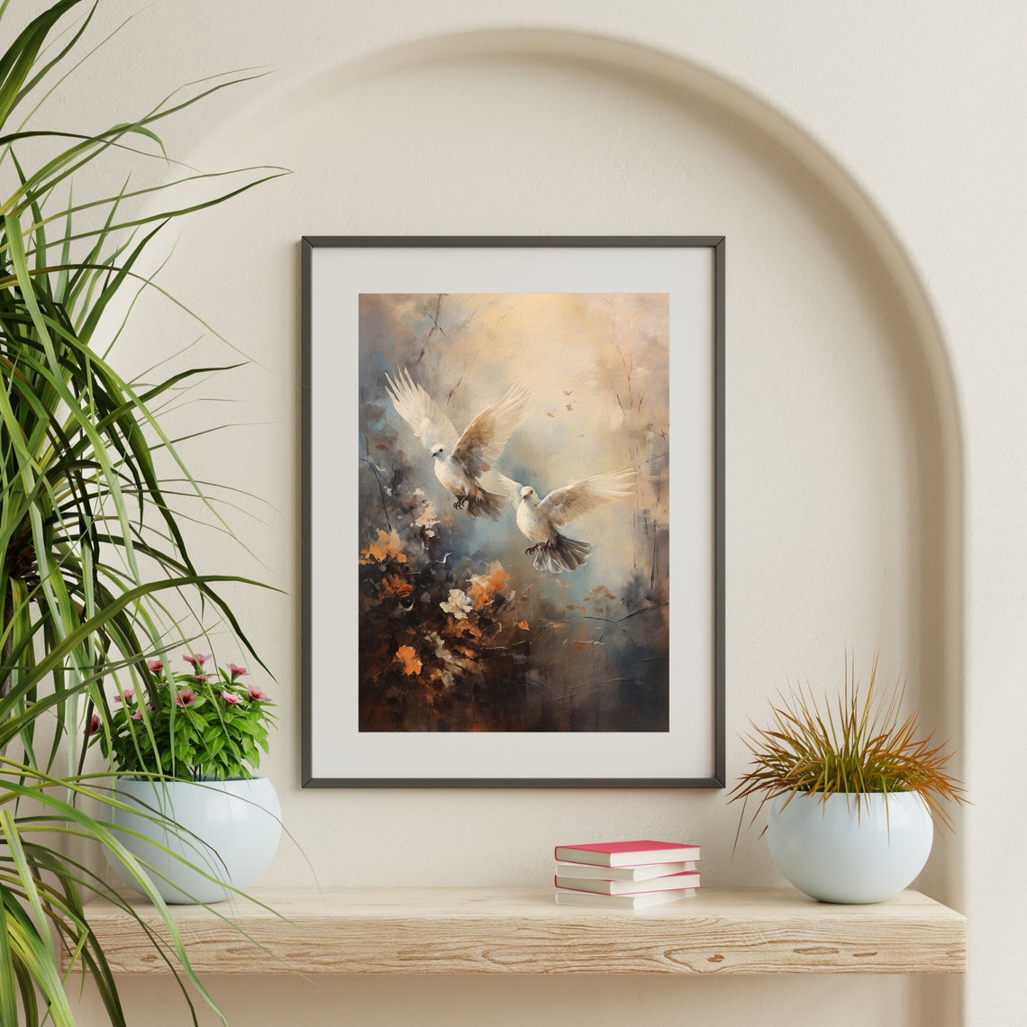 Two White Doves In Flight Warm Moody Background Peaceful Bird Poster - Image 2