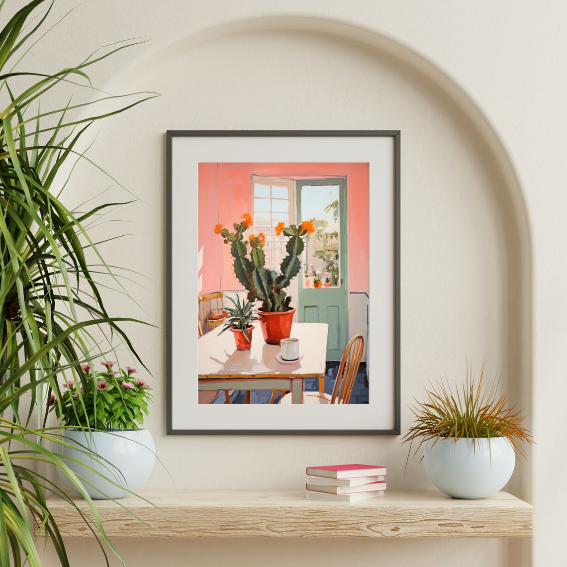 Orange Bloom Cactus Sunlit Pink Interior Still Life Wall Art Poster - Image 2