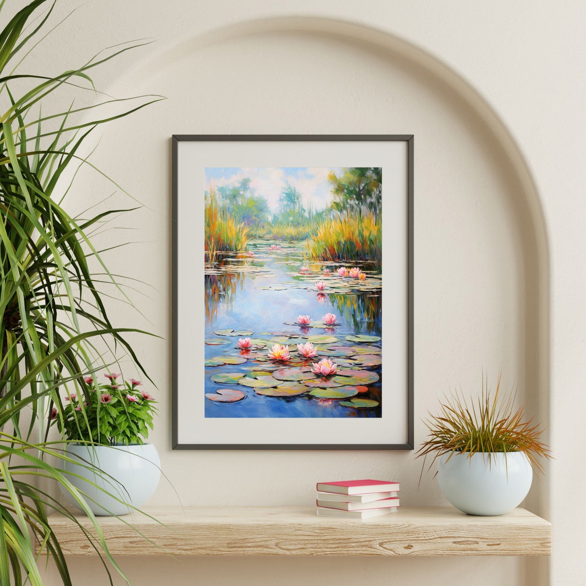 Pink Water Lily Pond Impressionist Vintage Floral Landscape Wall Art - Image 2