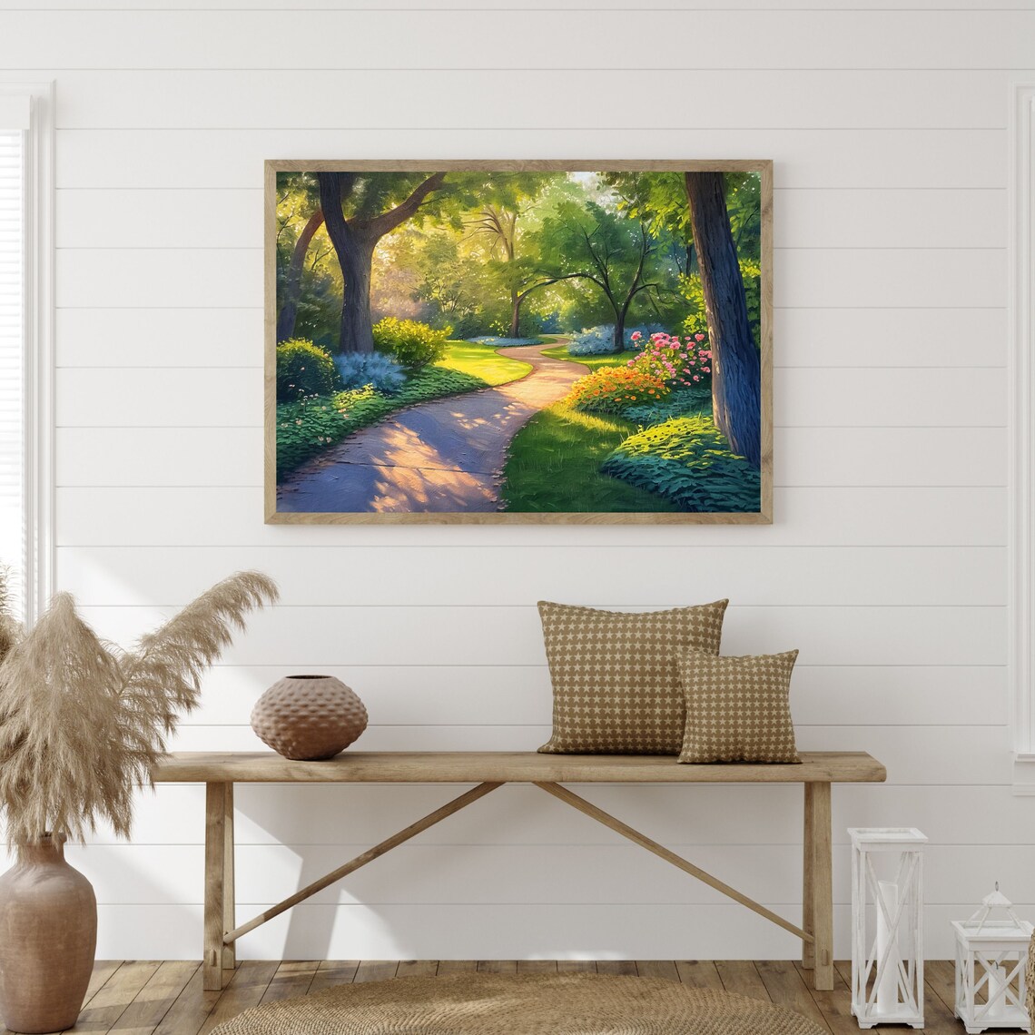 Sunlit Woodland Garden Path Pink Orange Flowerbeds Garden Poster - Image 3