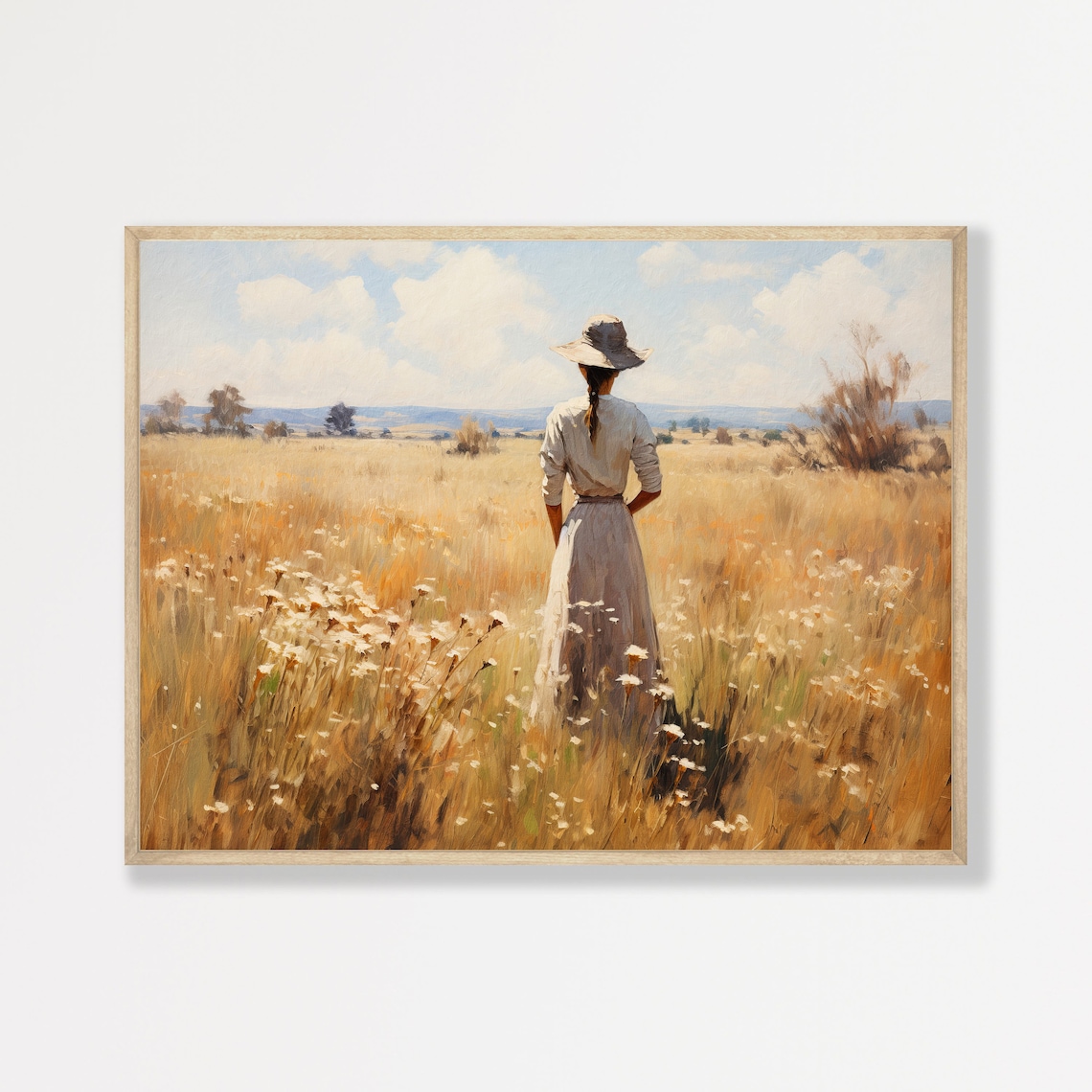 Woman in a Field of Golden Wildflowers Vintage Countryside Wall Art