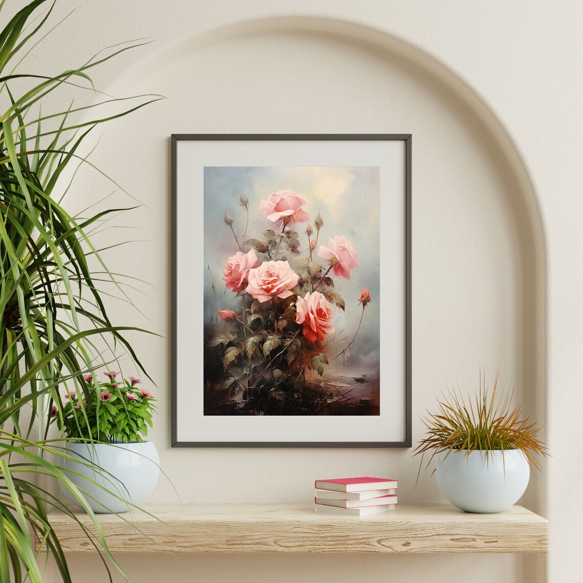 Pink Roses Dark Moody Background Vintage Floral Oil Painting Poster - Image 2