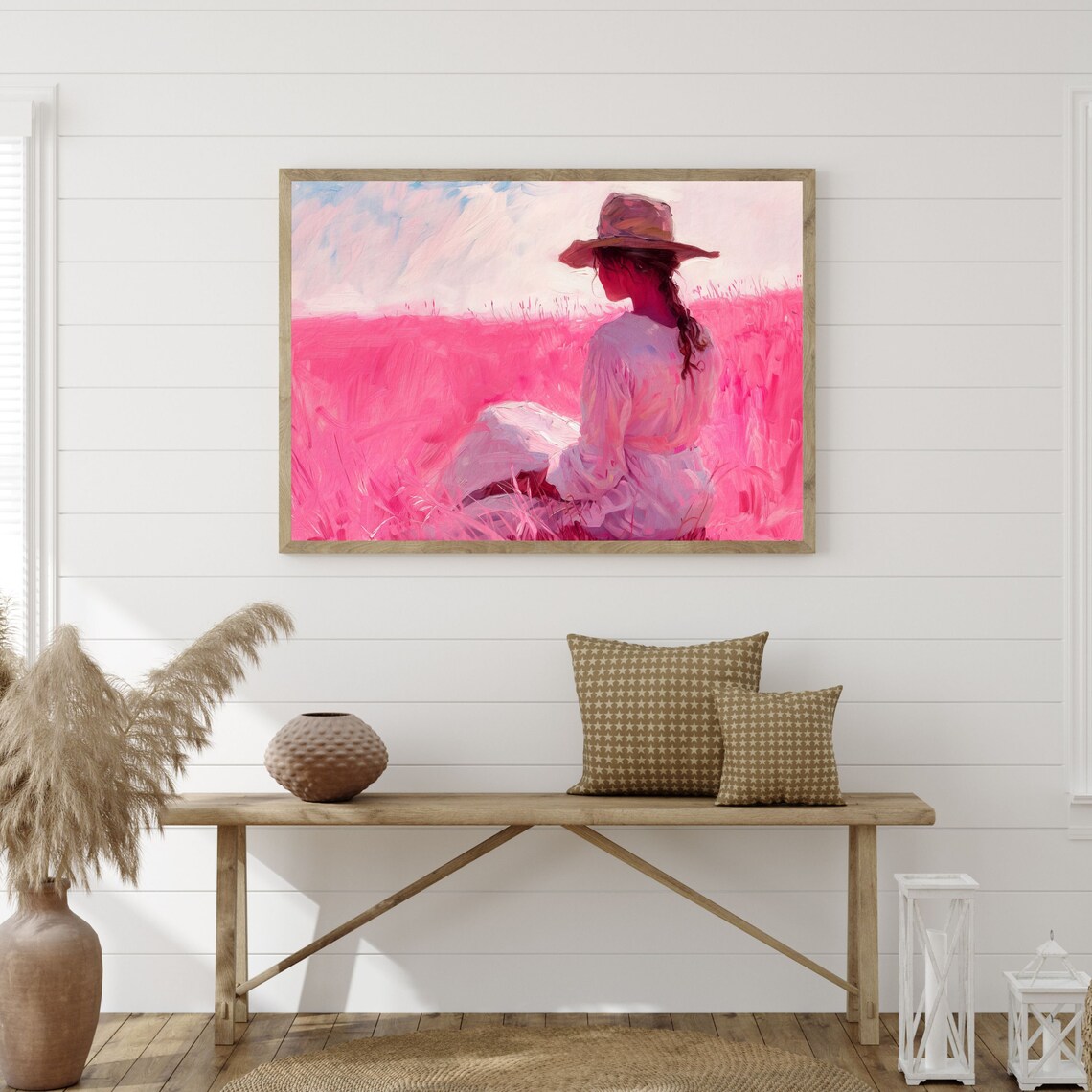 Woman Straw Hat Pink Flower Field Back View Retro Painting Print - Image 3