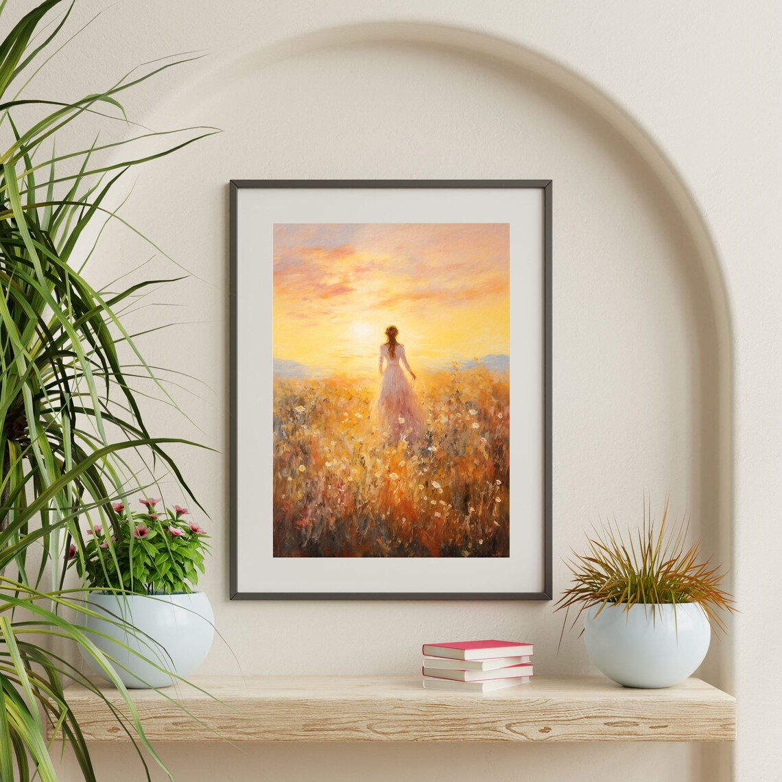 Woman in White Dress Walking Through Golden Field Sunset Wall Art - Image 2