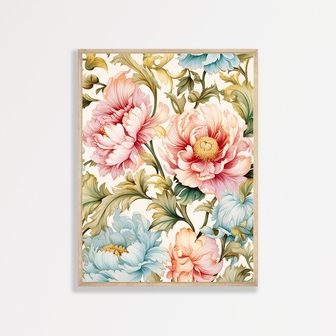 William Morris Style Pink Peony Blue Floral Pattern Art Print