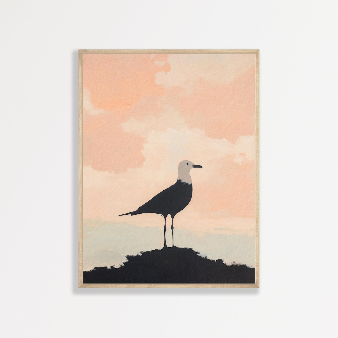 Seagull Silhouette Pastel Peach Sunset Sky Minimalist Beach Art Poster