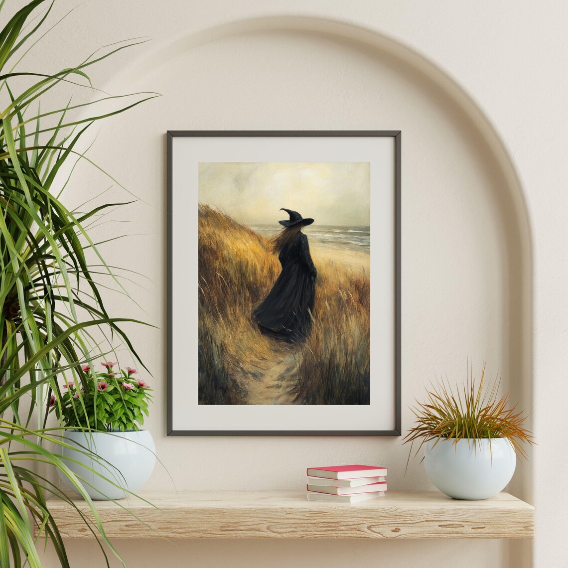 Beach Witch Walking Sand Dunes Toward Ocean Moody Vintage Art Poster - Image 2