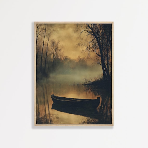 Moody Lake, Vintage Night Landscape Art Print, Dark Academia