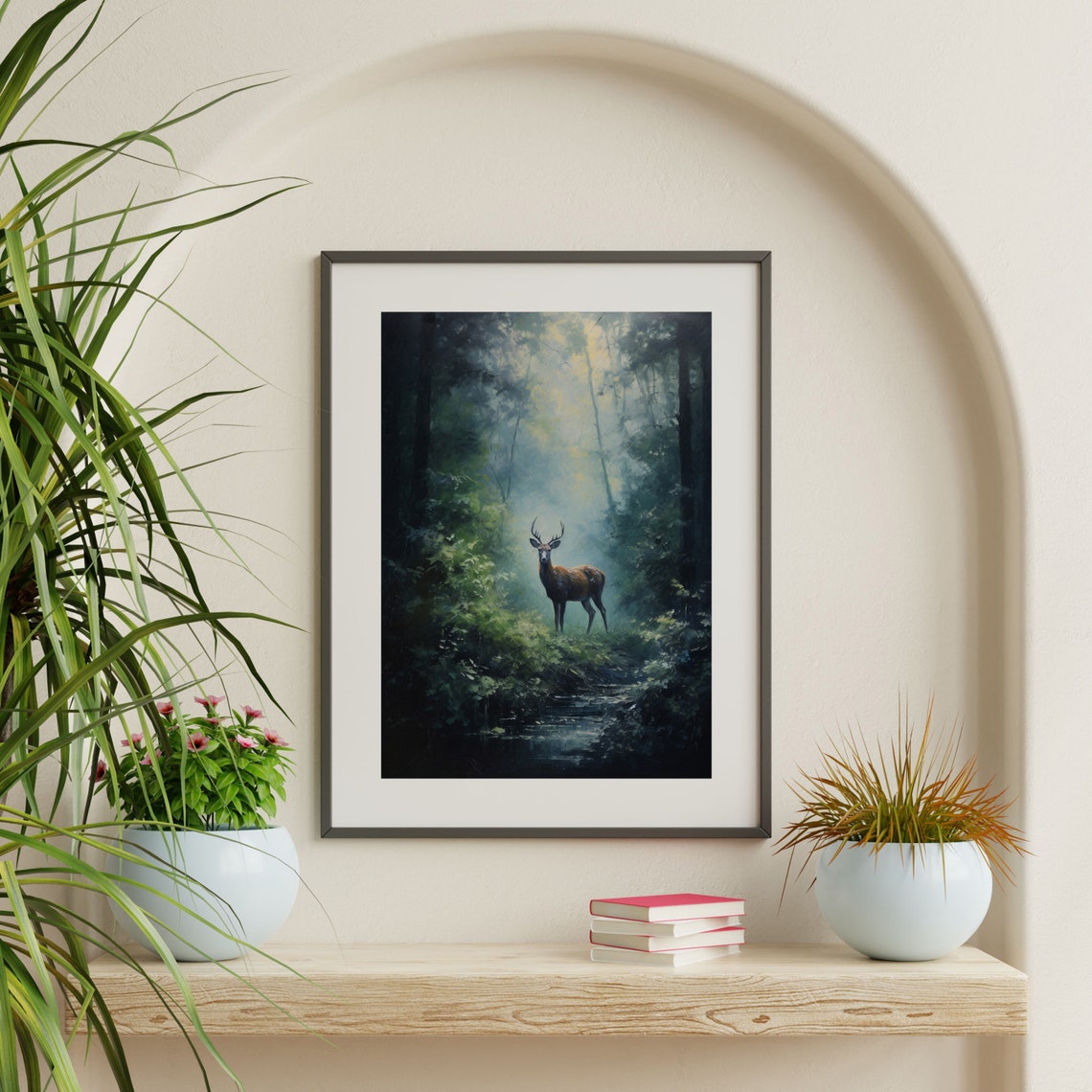 Majestic Stag Misty Dark Forest Stream Vintage Wildlife Wall Art - Image 2