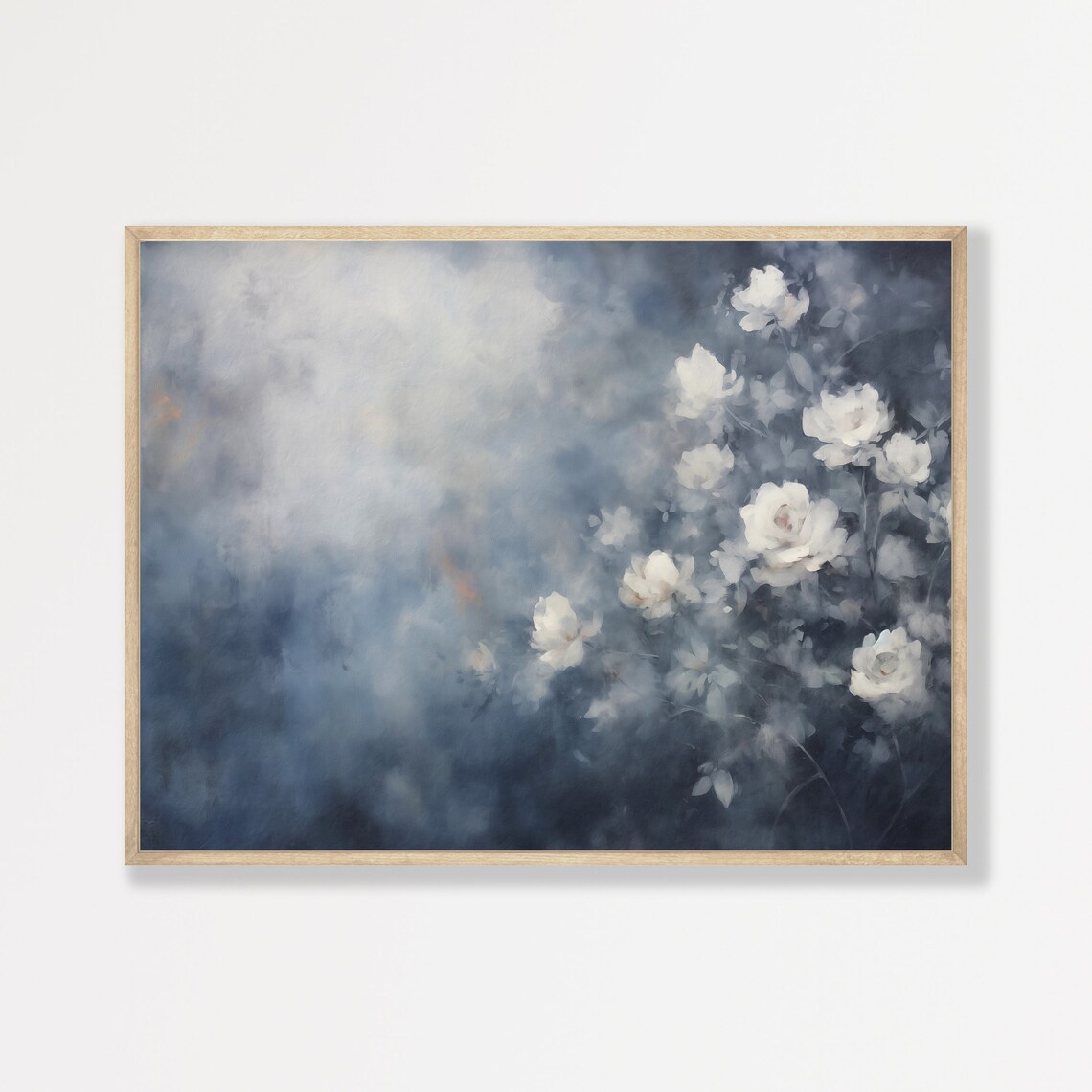 Dark Blue Floral Still Life with White Roses Vintage Painting Poster