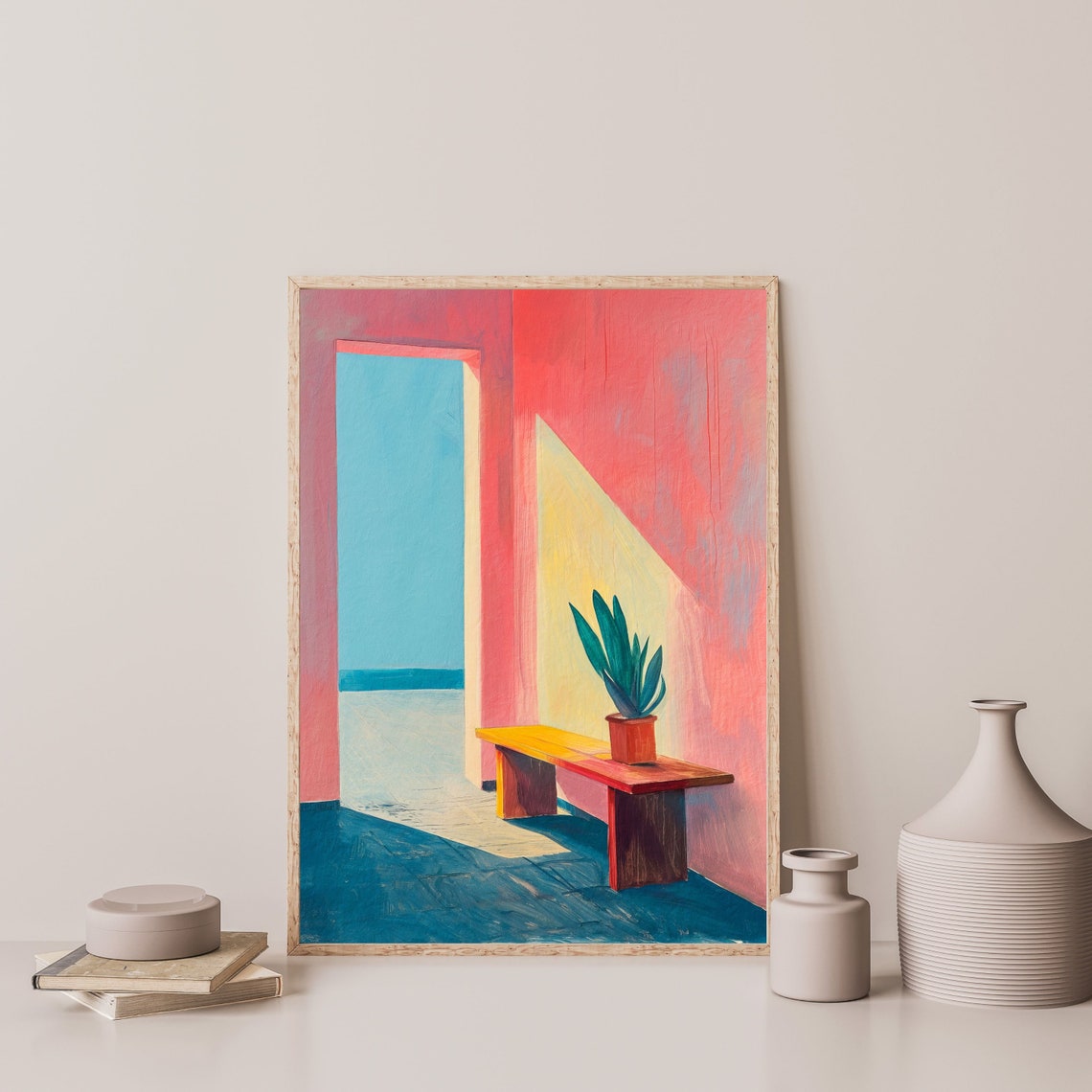 Pink Minimal Interior Blue Sea Door Bench Modern Abstract Poster - Image 3