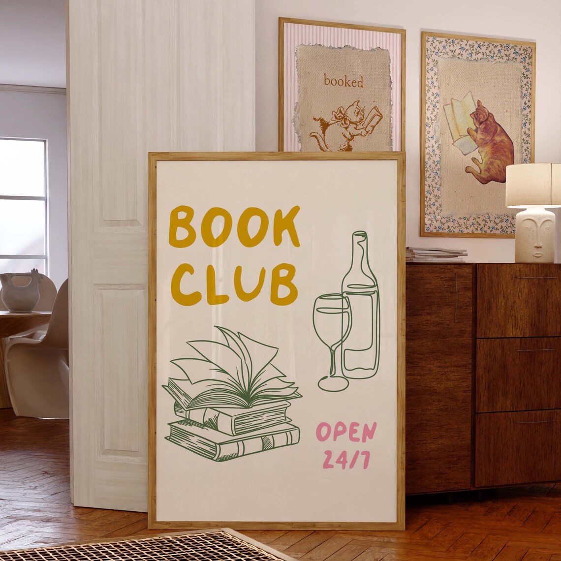 Yellow Book Club Open 24/7 Green Line Art Wine Reader Poster - Image 4