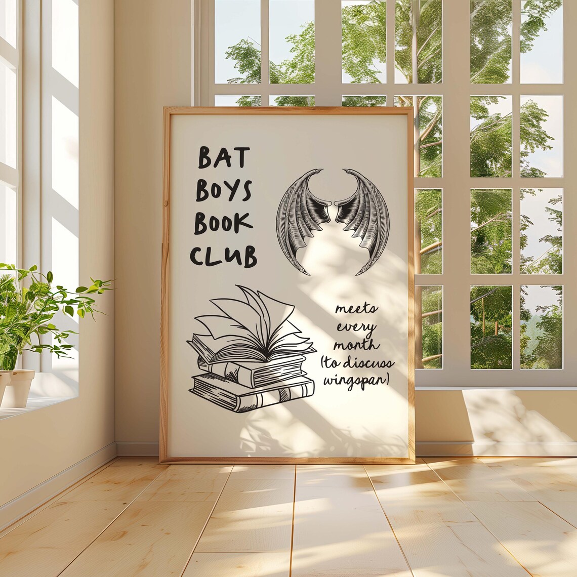 Bat Boys Book Club Monochrome Bat Wings Fantasy Reader Wall Art - Image 2