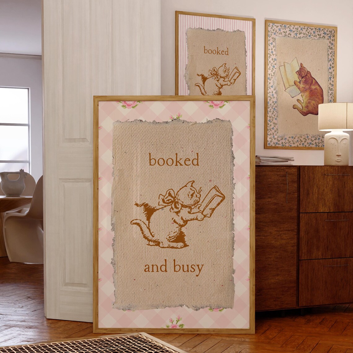 Booked and Busy Vintage Kitten Reading Gingham Border Poster - Image 5