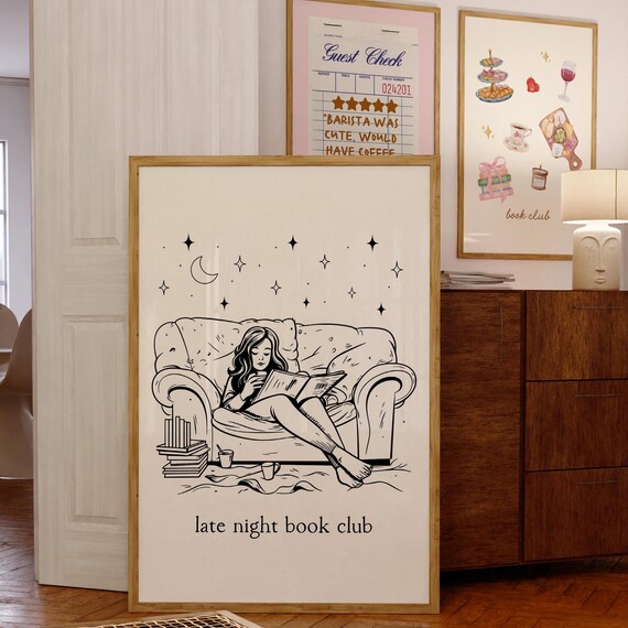 Late Night Book Club Line Art of Woman Reading on Sofa Poster