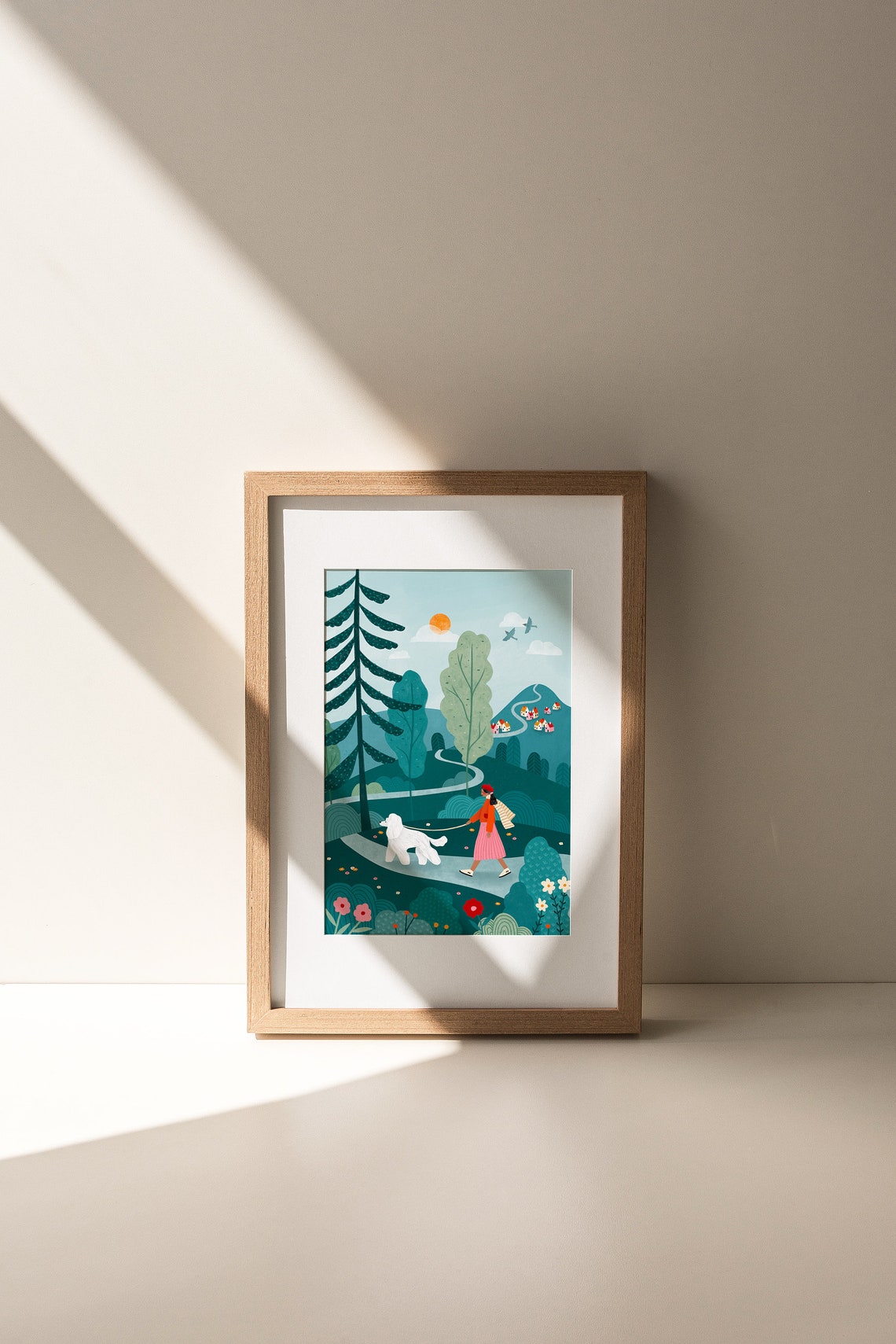 Woman Walking White Poodle On Forest Trail Village Hillside Poster - Image 4