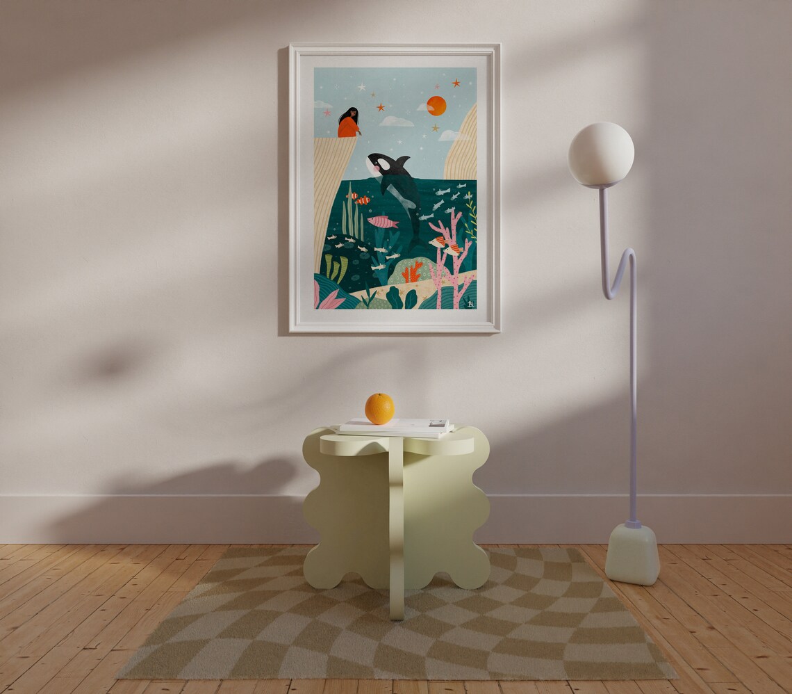 Girl Reaching Out To Orca Whale Ocean Coral Reef Illustration Poster - Image 2
