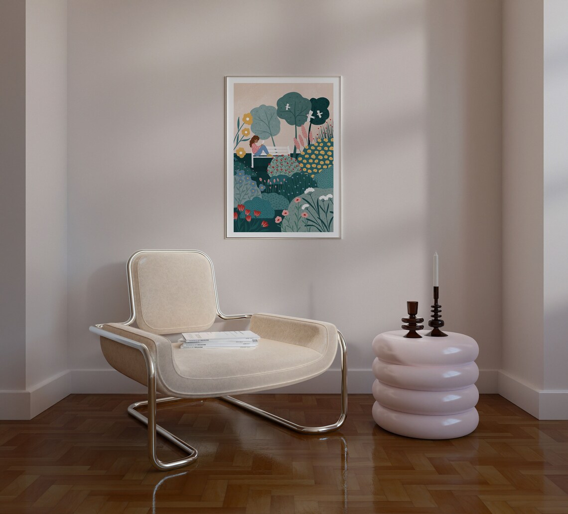Garden Bench Illustrated Landscape Art Print - Image 3