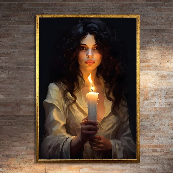 Mysterious Woman Holding Candle, Gothic Art Print