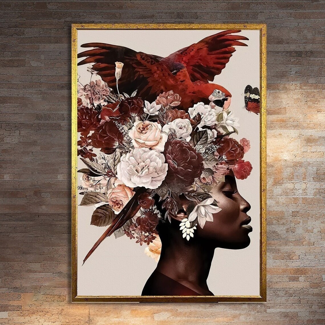 Elegant African Woman With Floral Headpiece, Parrots