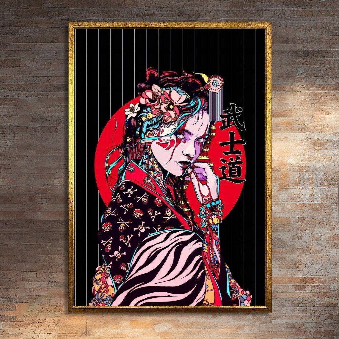 Women Samurai Portrait, Floral Accents Art Print