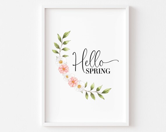 Hello Spring Watercolor Floral Wreath Botanical Minimalist Poster